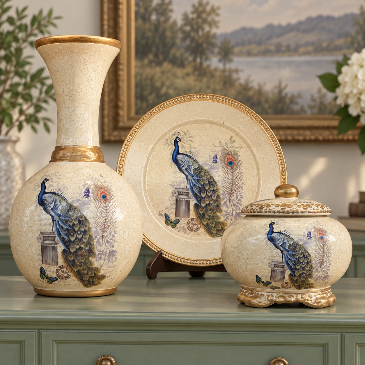 Ivory and Gold Peacock Ceramic Decor Set with Vase, Plate and Lidded Jar 5