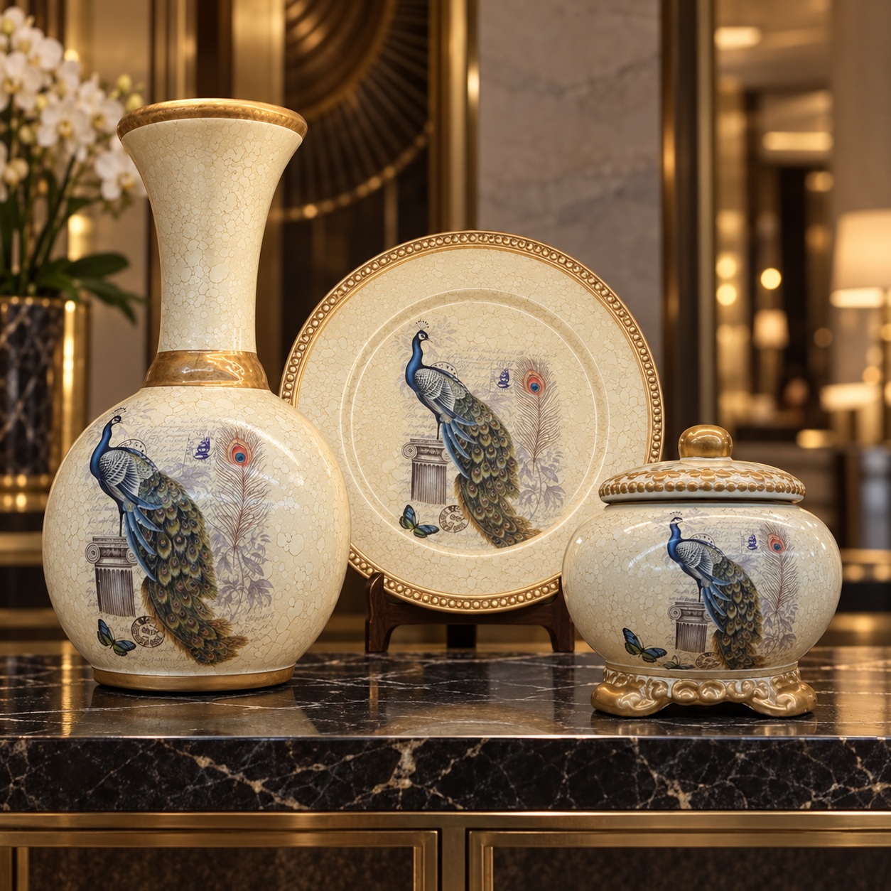 Ivory and Gold Peacock Ceramic Decor Set with Vase, Plate and Lidded Jar 4