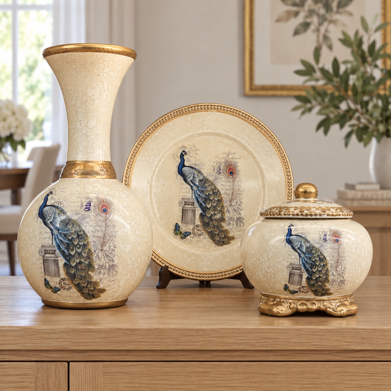 Ivory and Gold Peacock Ceramic Decor Set with Vase, Plate and Lidded Jar 2