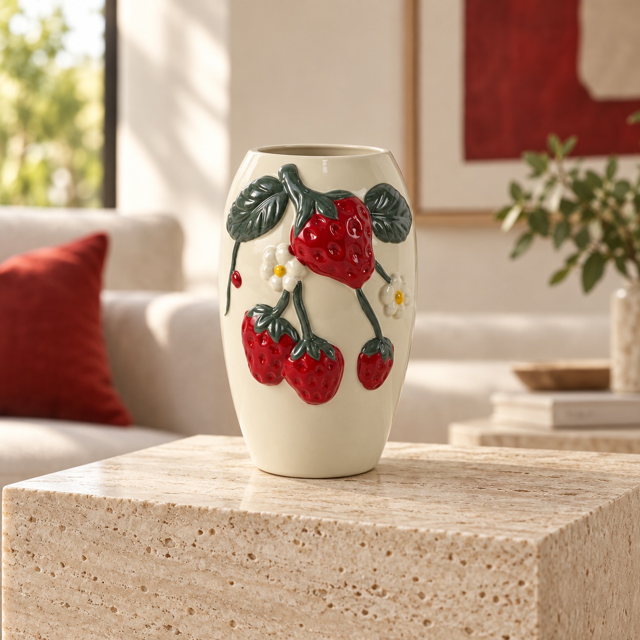 Cream Ceramic Vase with Raised Strawberry and Blossom Details 5