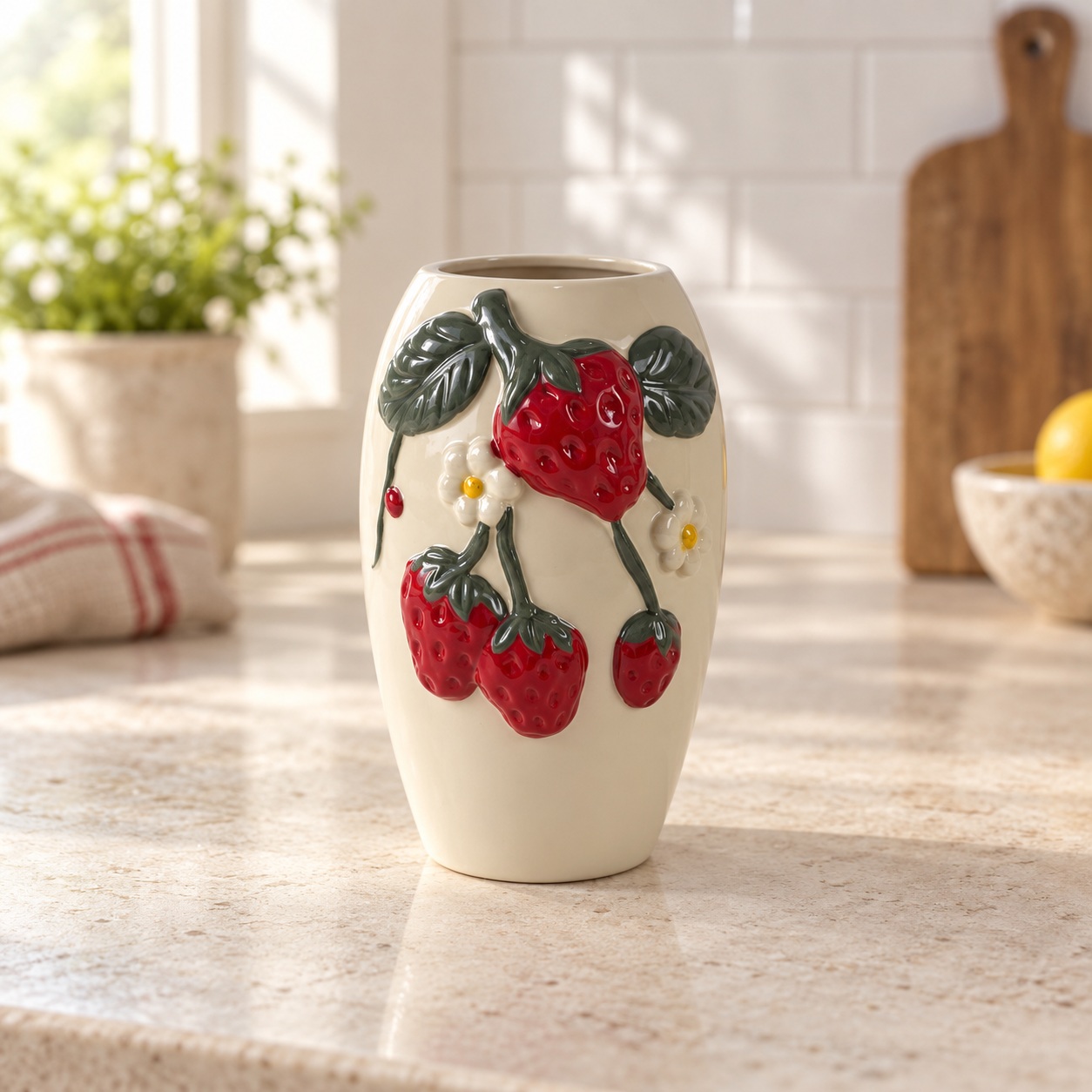 Cream Ceramic Vase with Raised Strawberry and Blossom Details 4