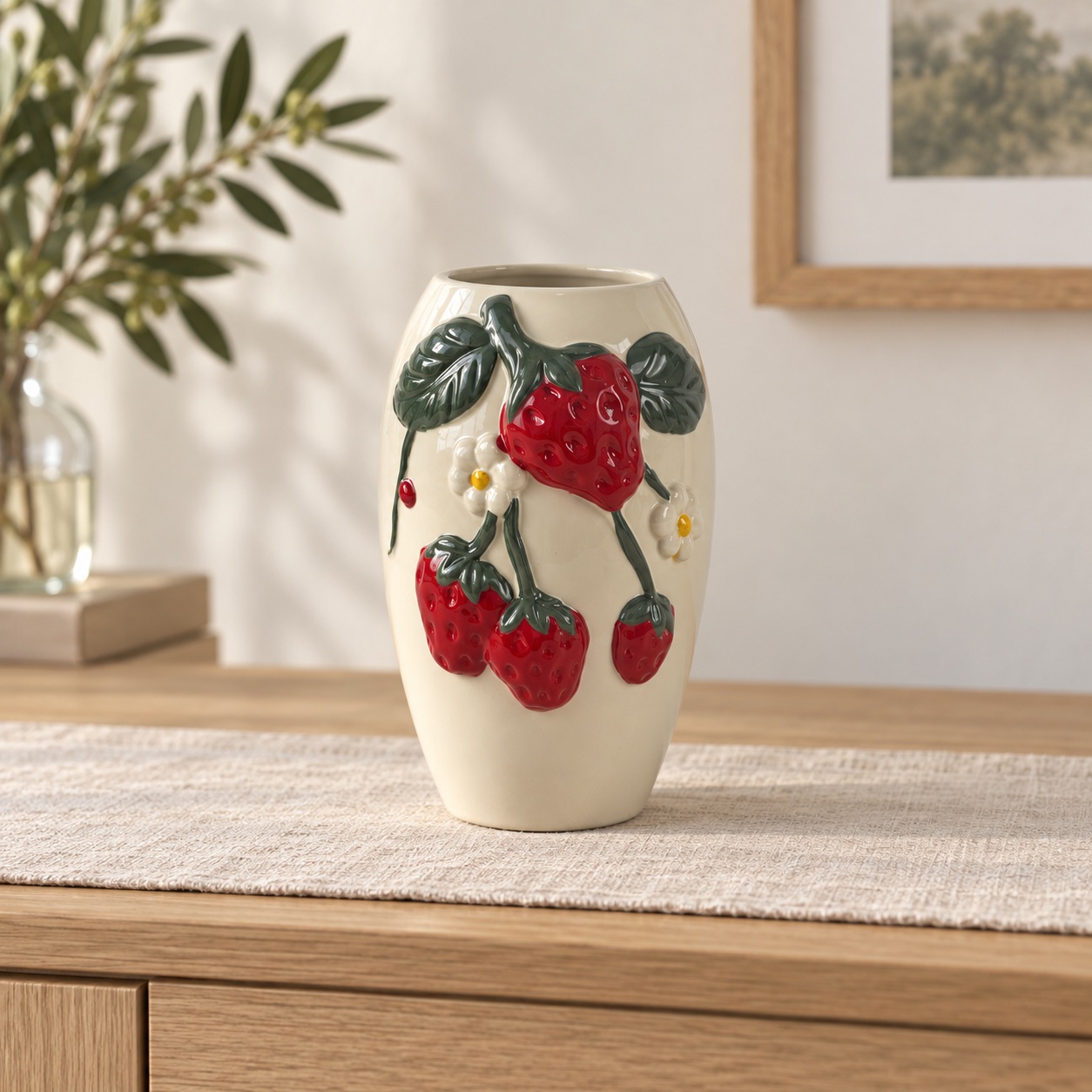 Cream Ceramic Vase with Raised Strawberry and Blossom Details 3