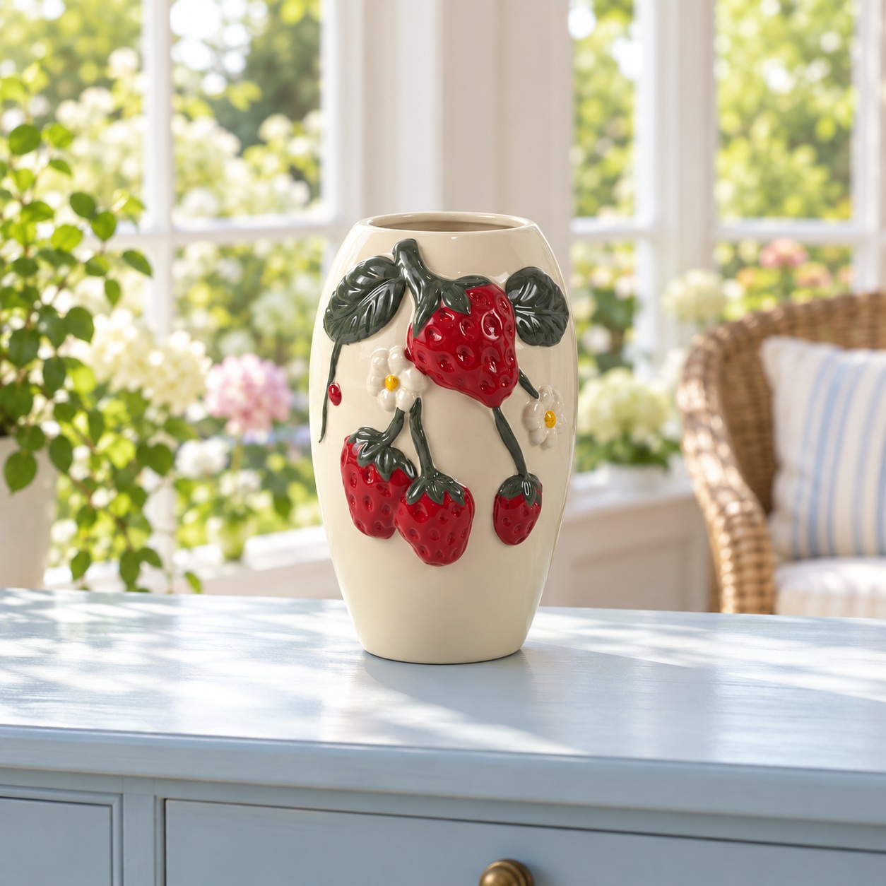 Cream Ceramic Vase with Raised Strawberry and Blossom Details 2