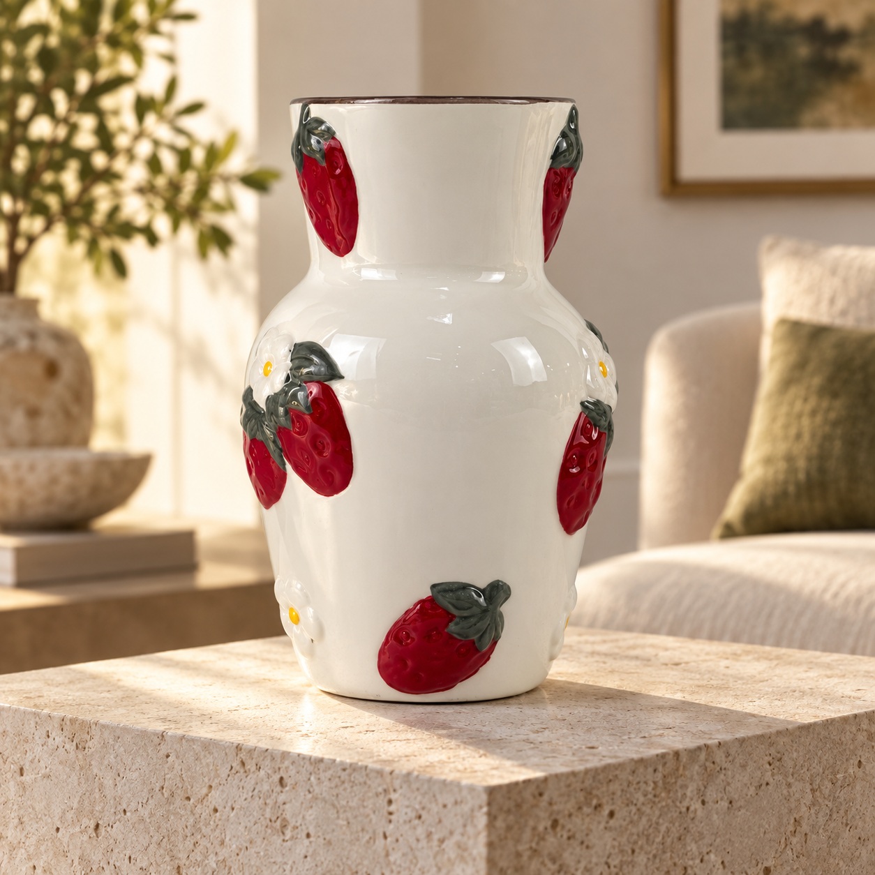 White Ceramic Vase with Raised Strawberry Fruit Details 2
