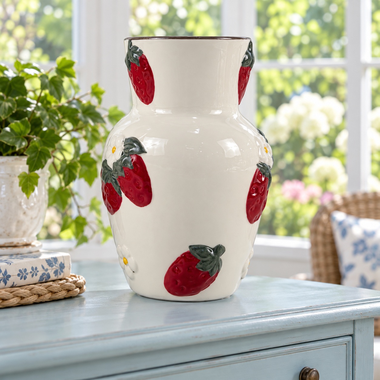 White Ceramic Vase with Raised Strawberry Fruit Details 5