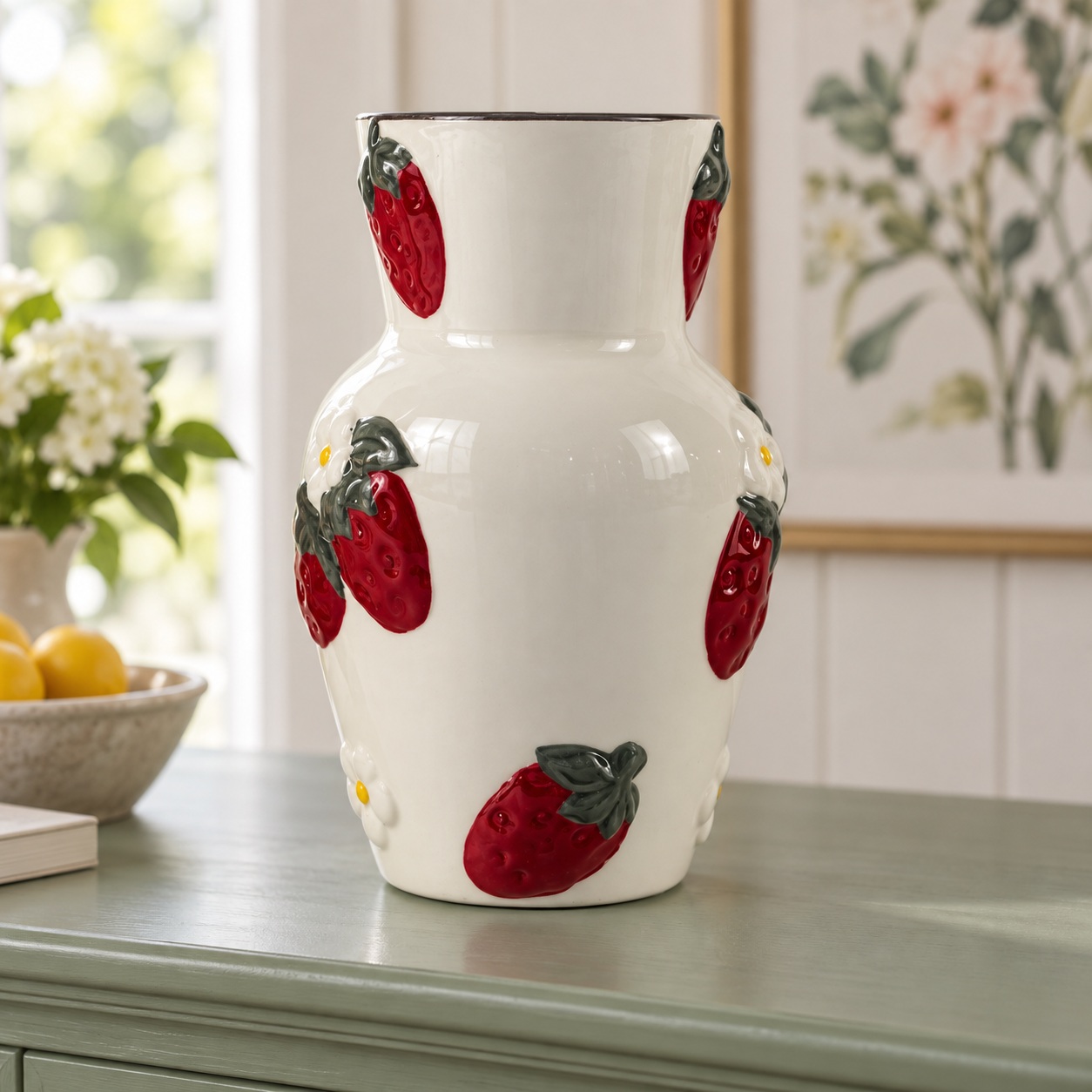 White Ceramic Vase with Raised Strawberry Fruit Details 4