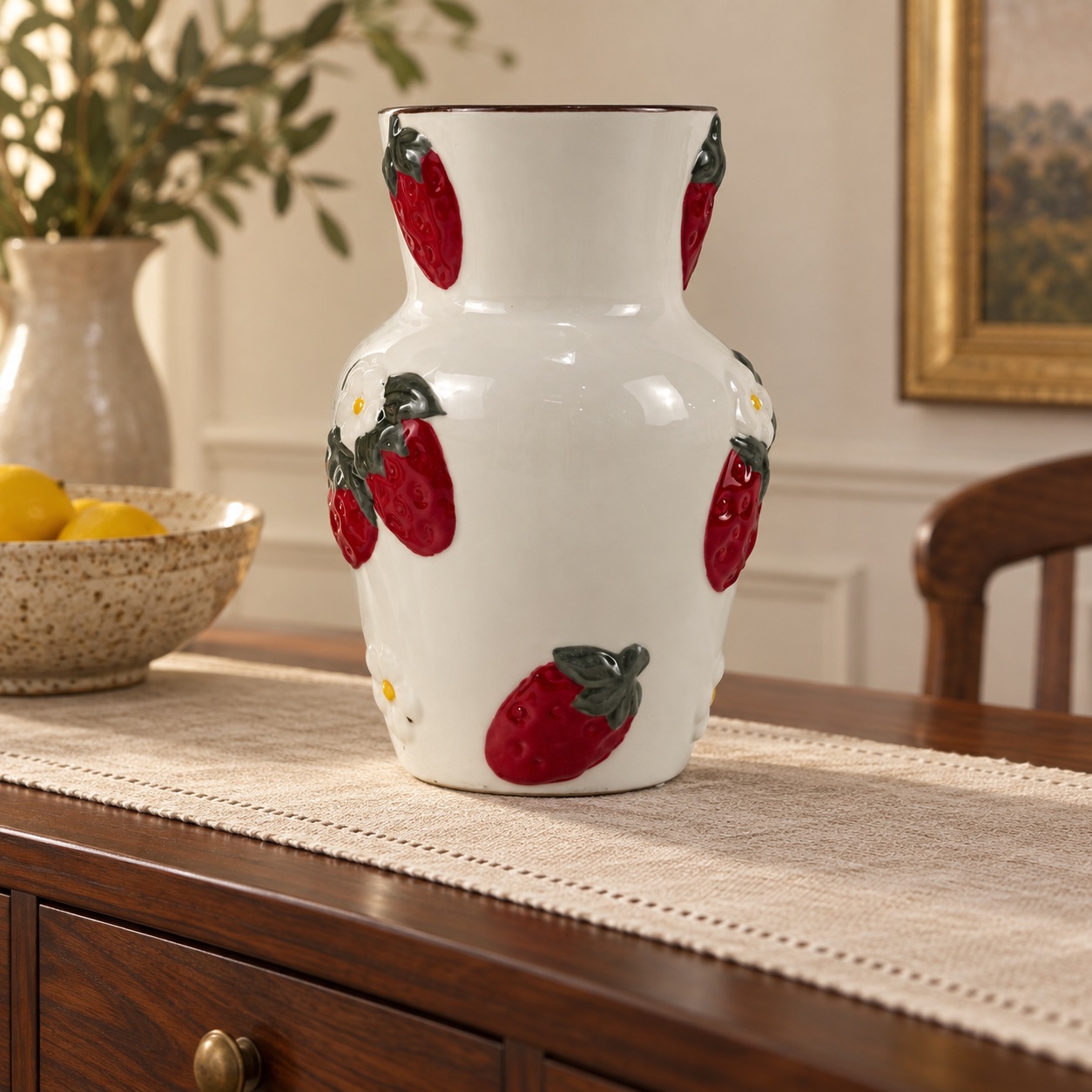 White Ceramic Vase with Raised Strawberry Fruit Details 3