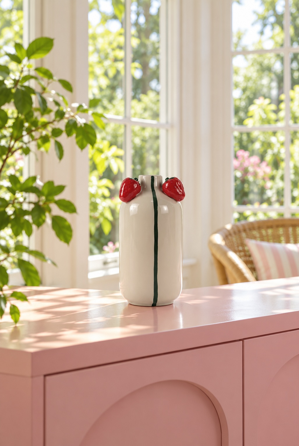 White Ceramic Vase with Green Stripe and Strawberry Rim Details 5