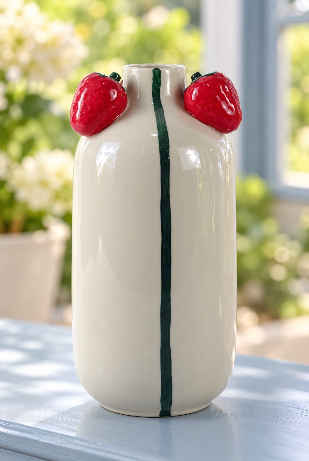White Ceramic Vase with Green Stripe and Strawberry Rim Details 4
