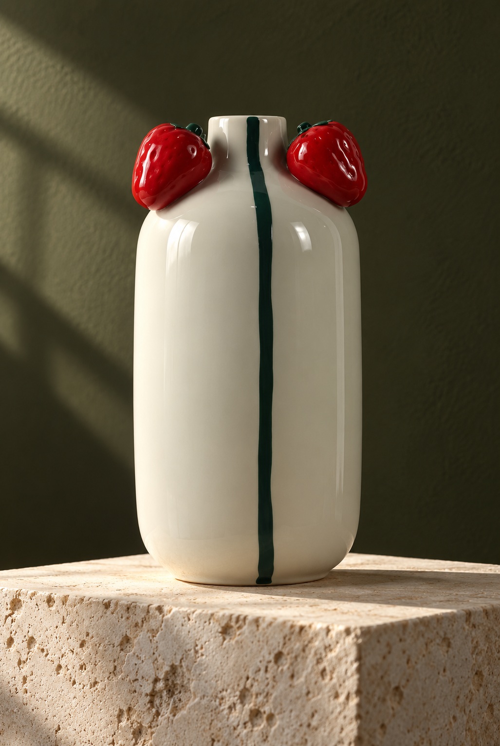 White Ceramic Vase with Green Stripe and Strawberry Rim Details 2