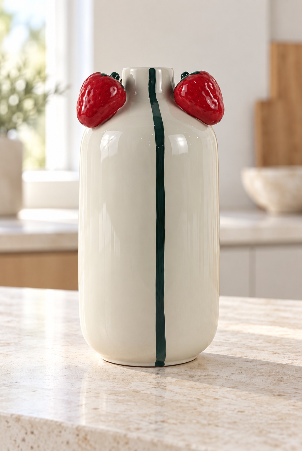 White Ceramic Vase with Green Stripe and Strawberry Rim Details 3