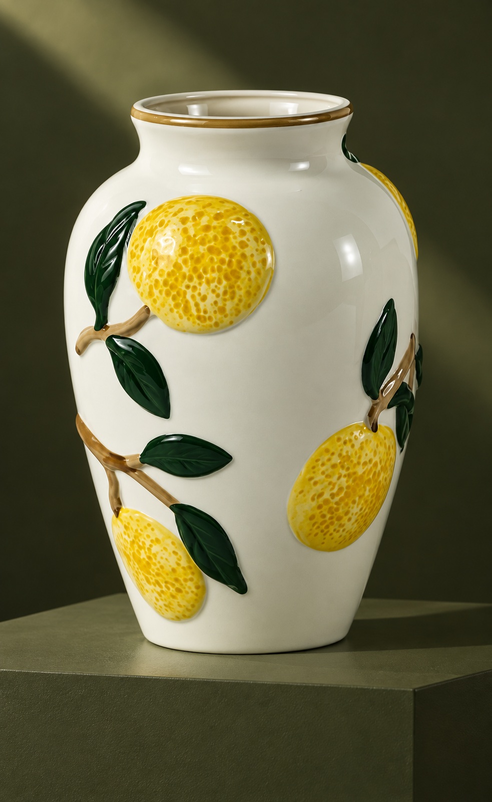 White Ceramic Vase with Raised Lemon and Leaf Details 5