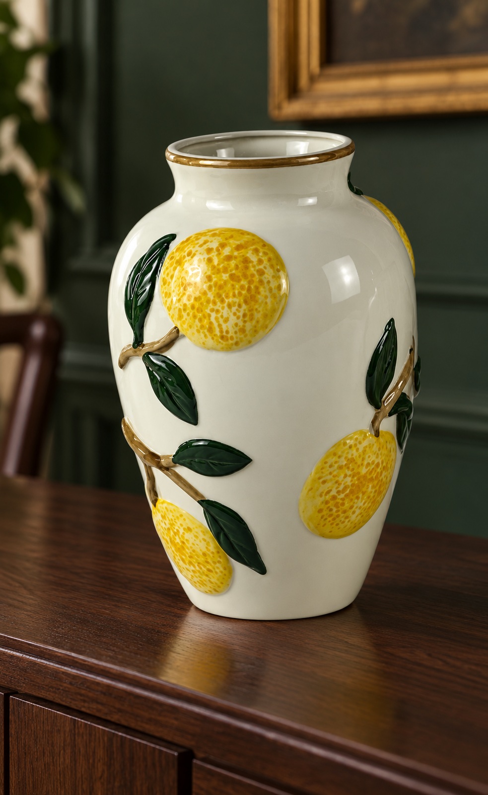 White Ceramic Vase with Raised Lemon and Leaf Details 4