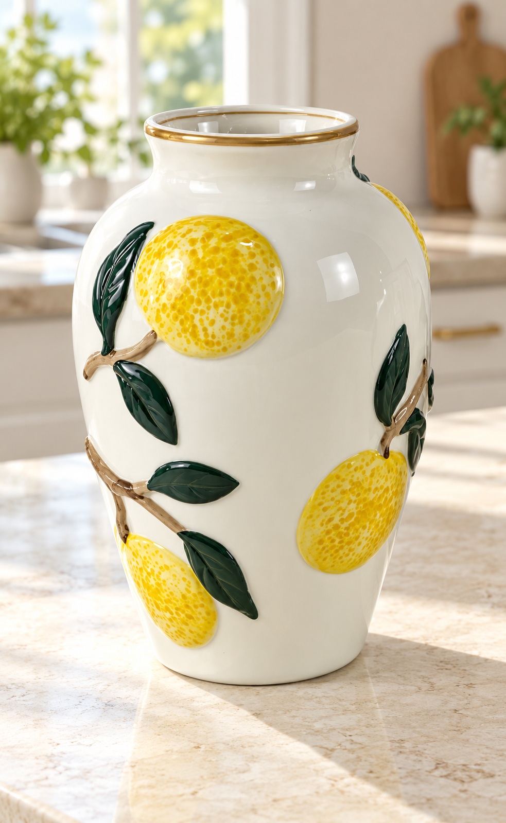 White Ceramic Vase with Raised Lemon and Leaf Details 3