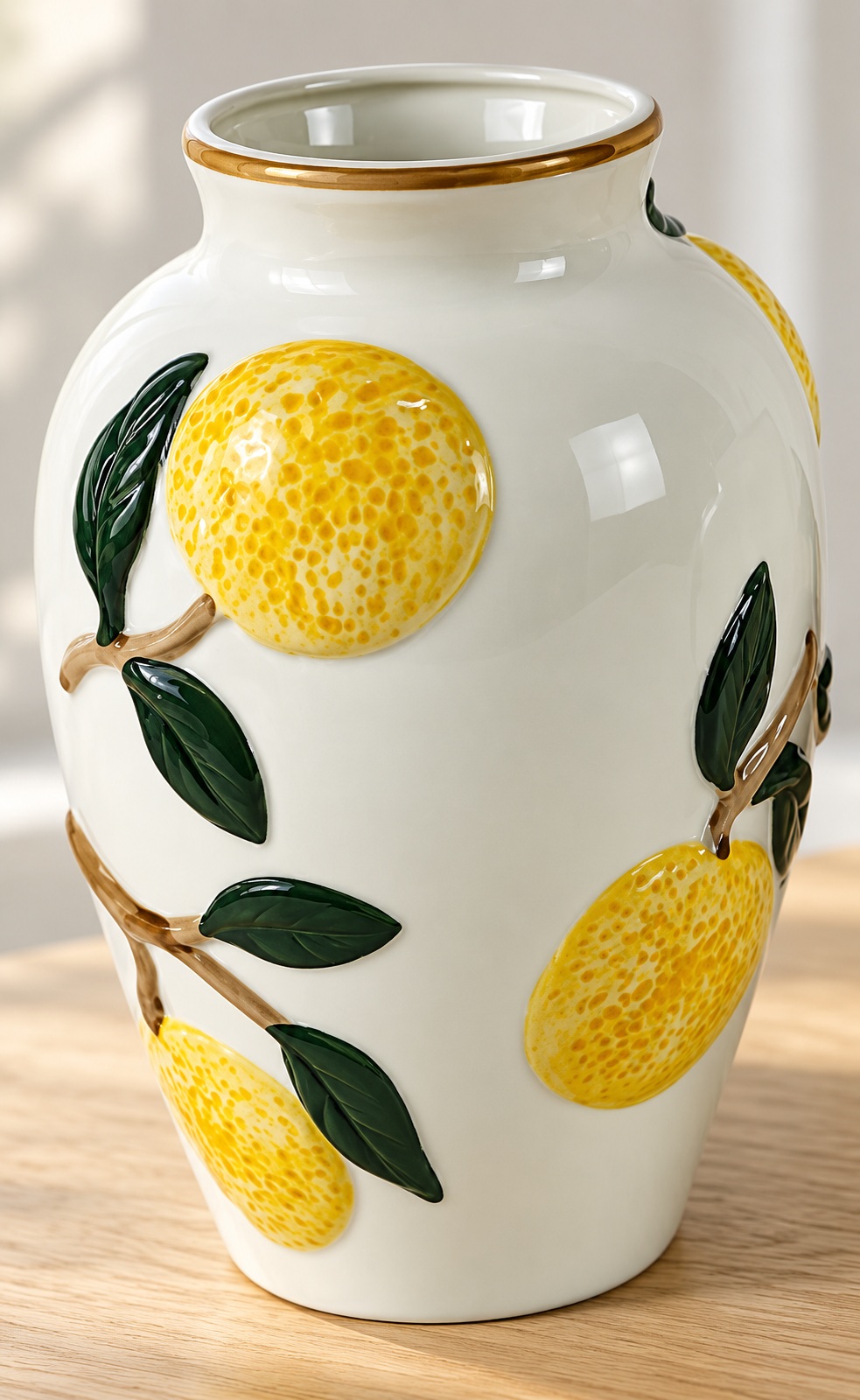 White Ceramic Vase with Raised Lemon and Leaf Details 2