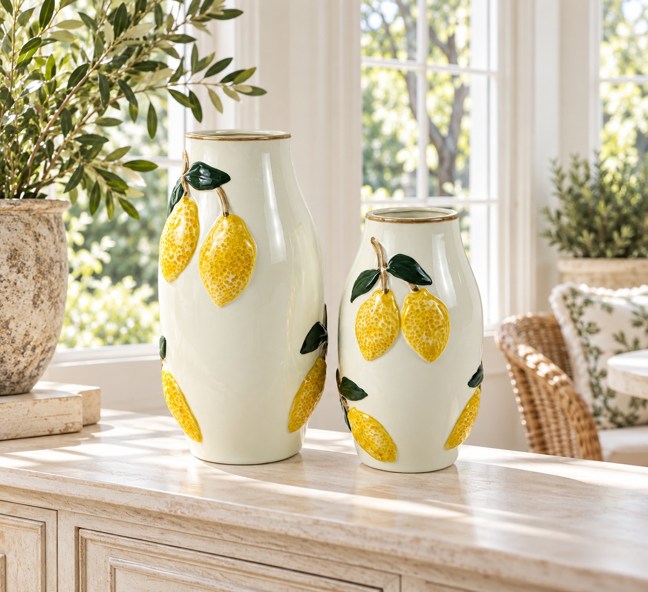 White Ceramic Lemon Vases with Raised Fruit Details (Large) 5