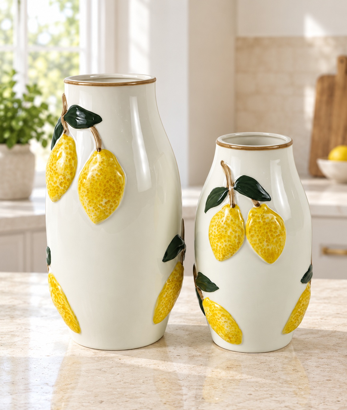 White Ceramic Lemon Vases with Raised Fruit Details (Large) 4