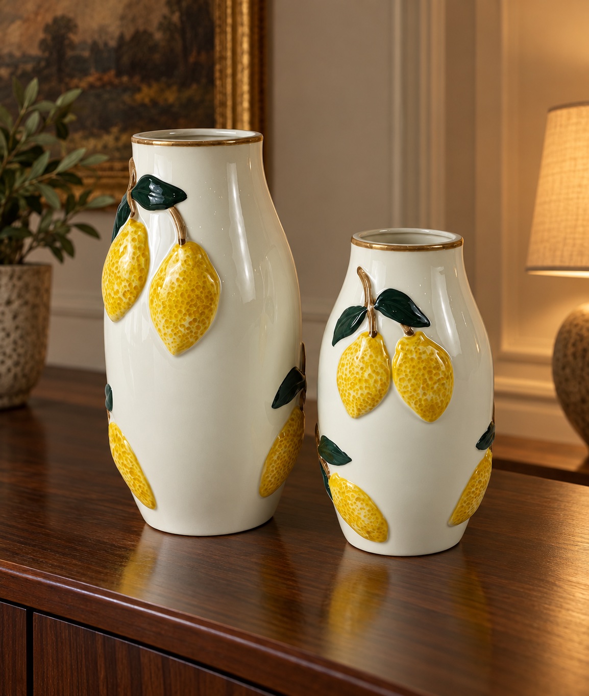 White Ceramic Lemon Vases with Raised Fruit Details (Large) 3