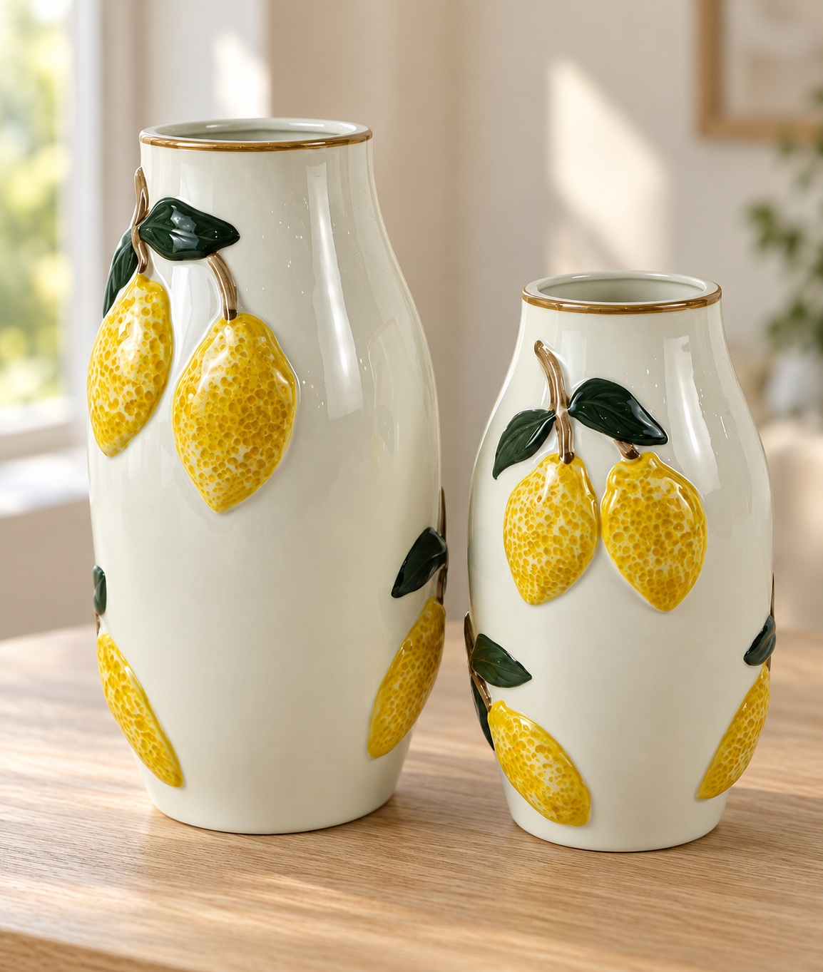 White Ceramic Lemon Vases with Raised Fruit Details (Small) 2