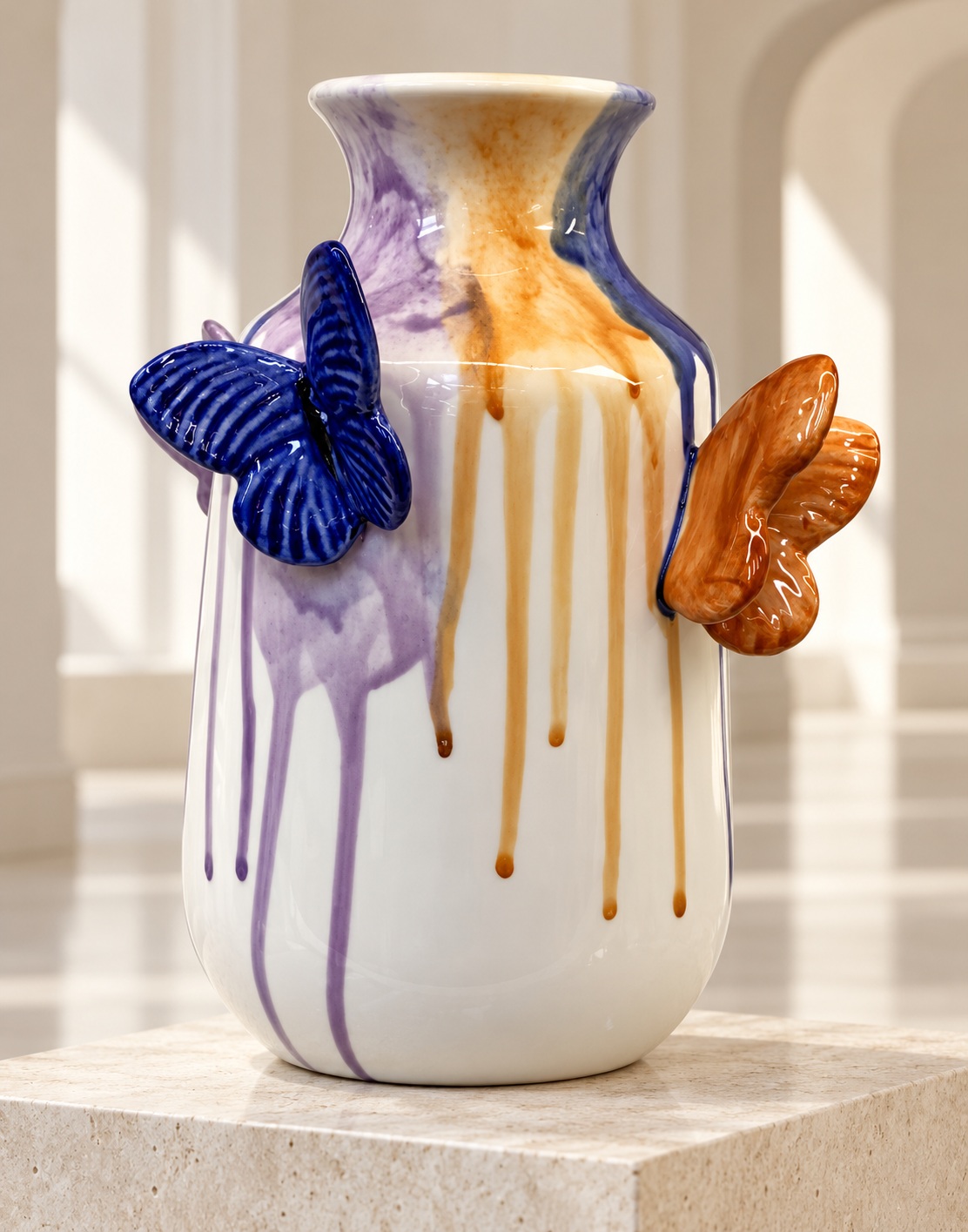 White Ceramic Vase with Raised Butterfly Accents and Purple-Gold Drip Glaze 5