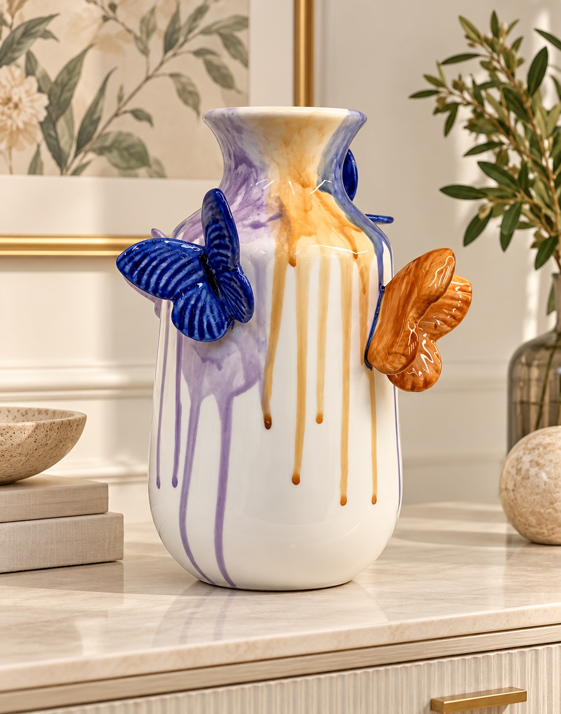 White Ceramic Vase with Raised Butterfly Accents and Purple-Gold Drip Glaze 3