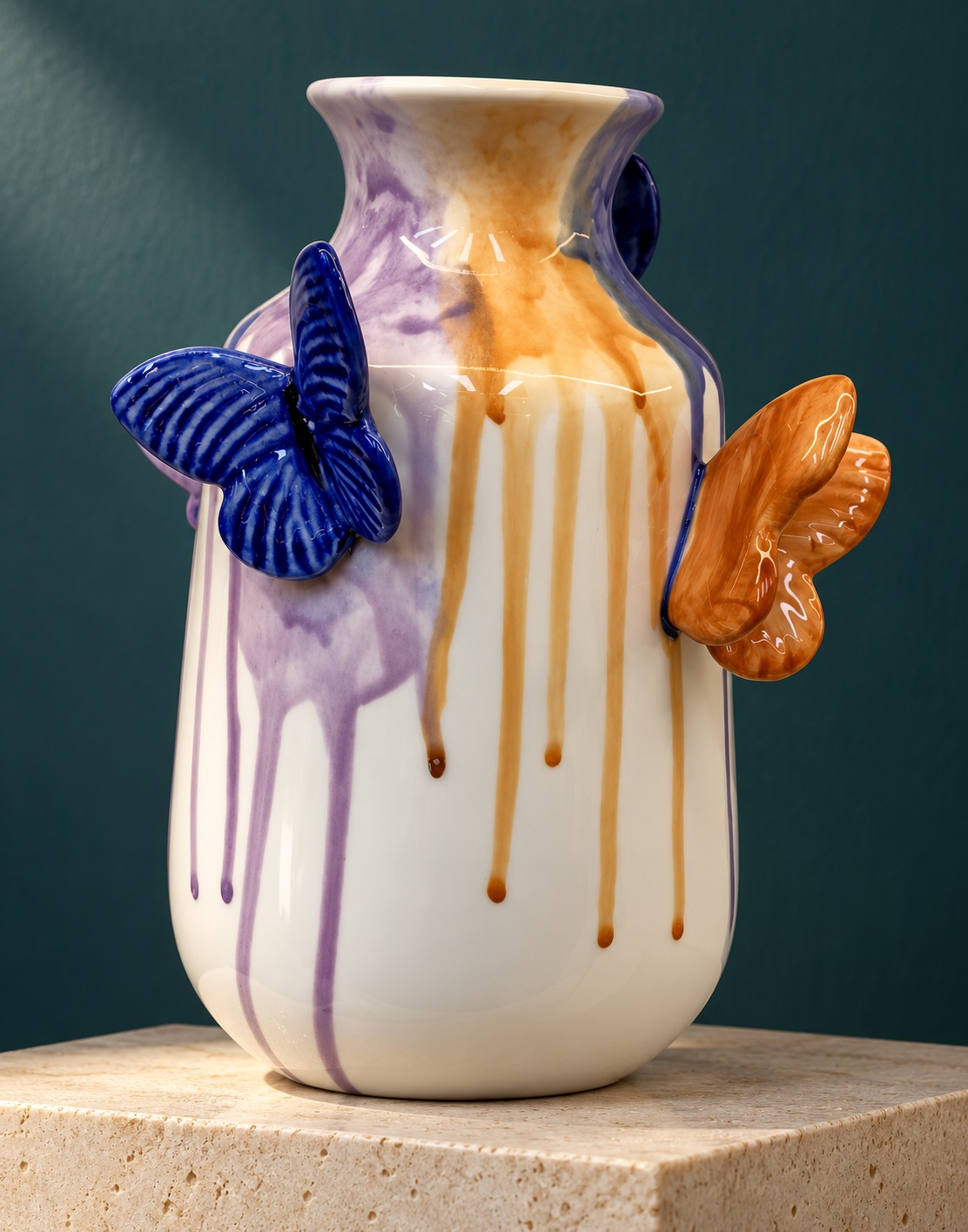 White Ceramic Vase with Raised Butterfly Accents and Purple-Gold Drip Glaze 4