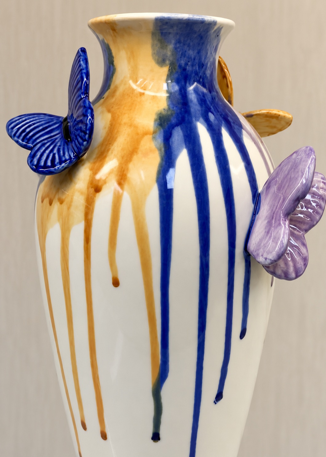White Ceramic Vase with Cobalt and Amber Drips and Butterfly Accents 3
