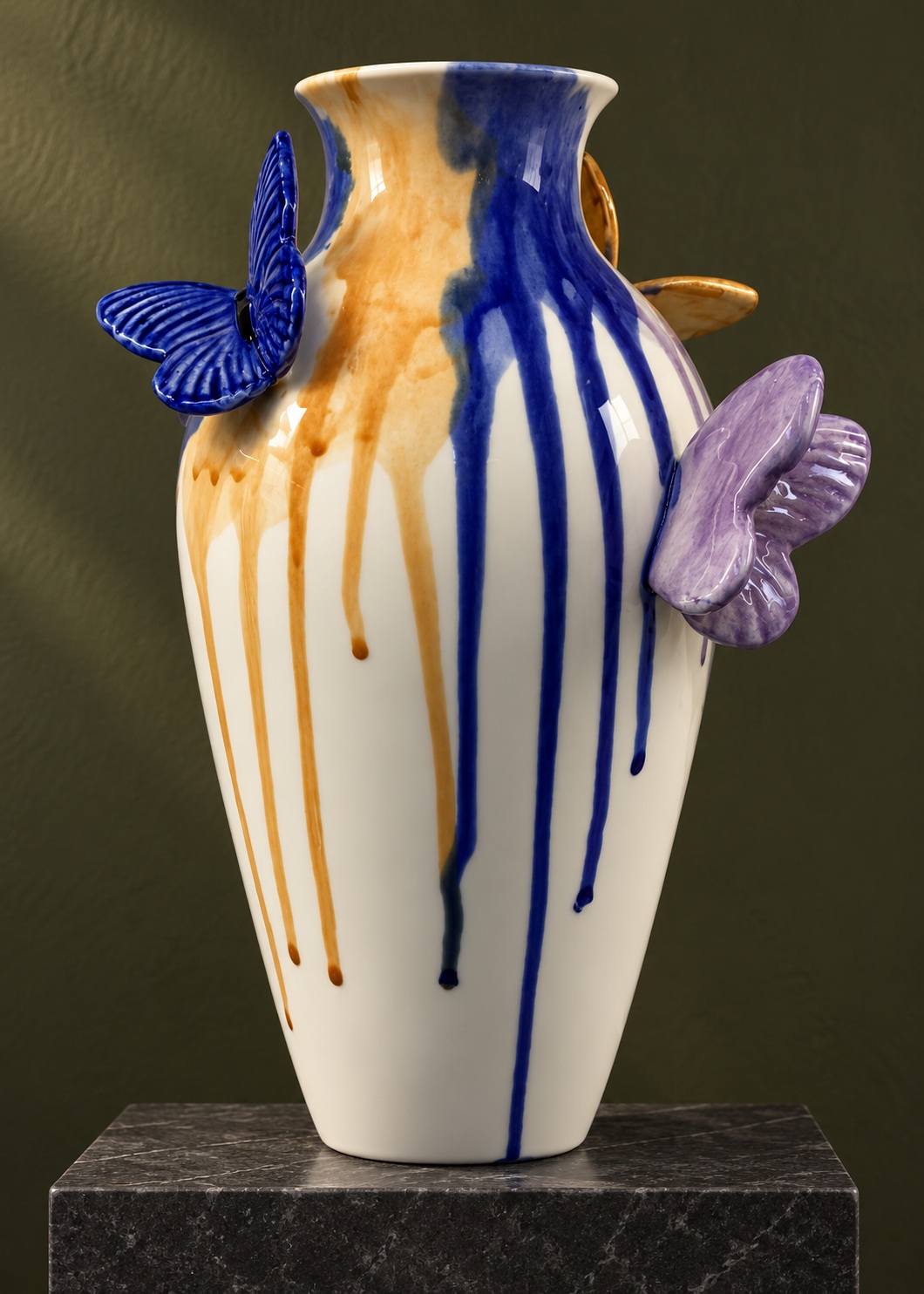 White Ceramic Vase with Cobalt and Amber Drips and Butterfly Accents 2
