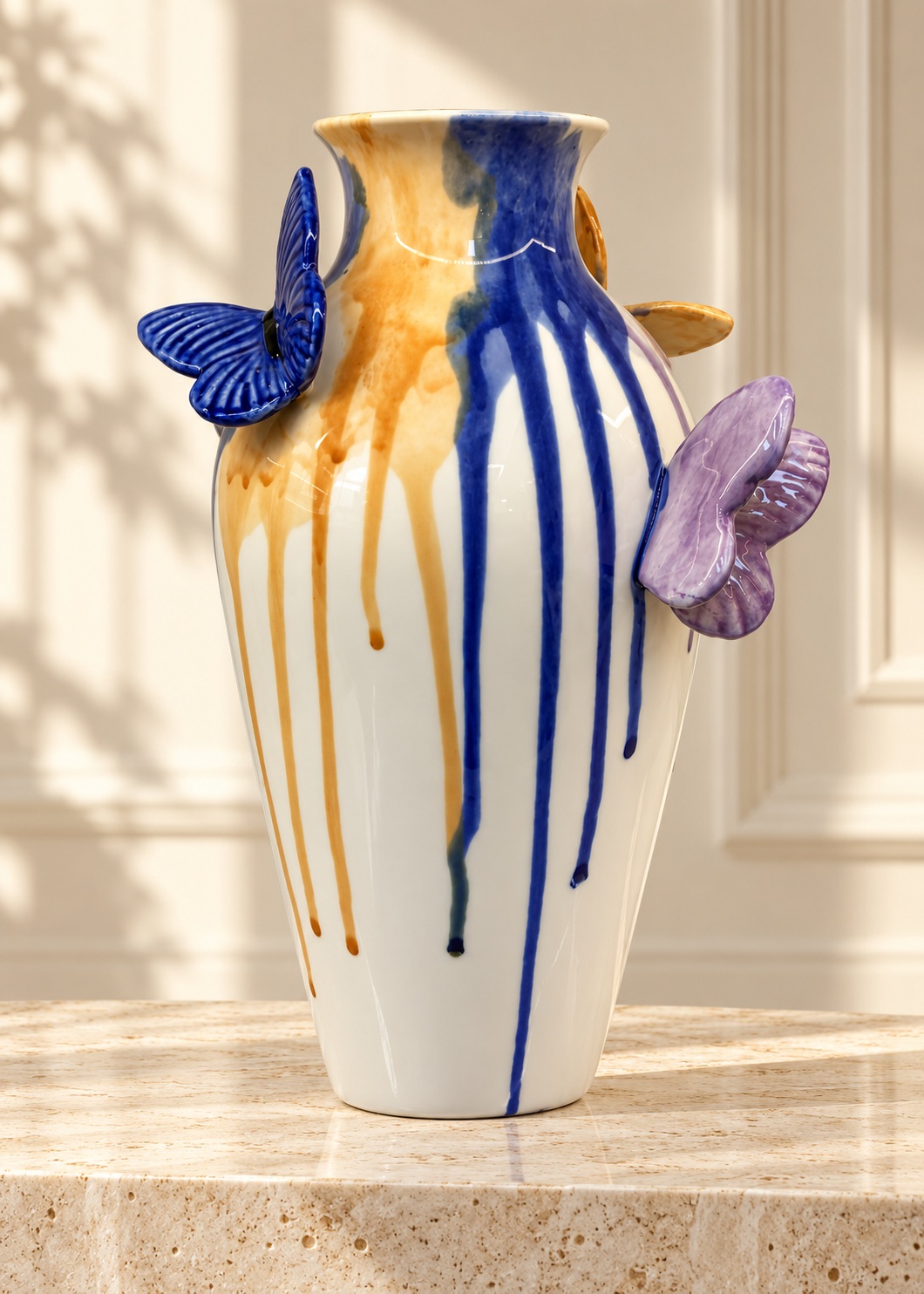 White Ceramic Vase with Cobalt and Amber Drips and Butterfly Accents 5