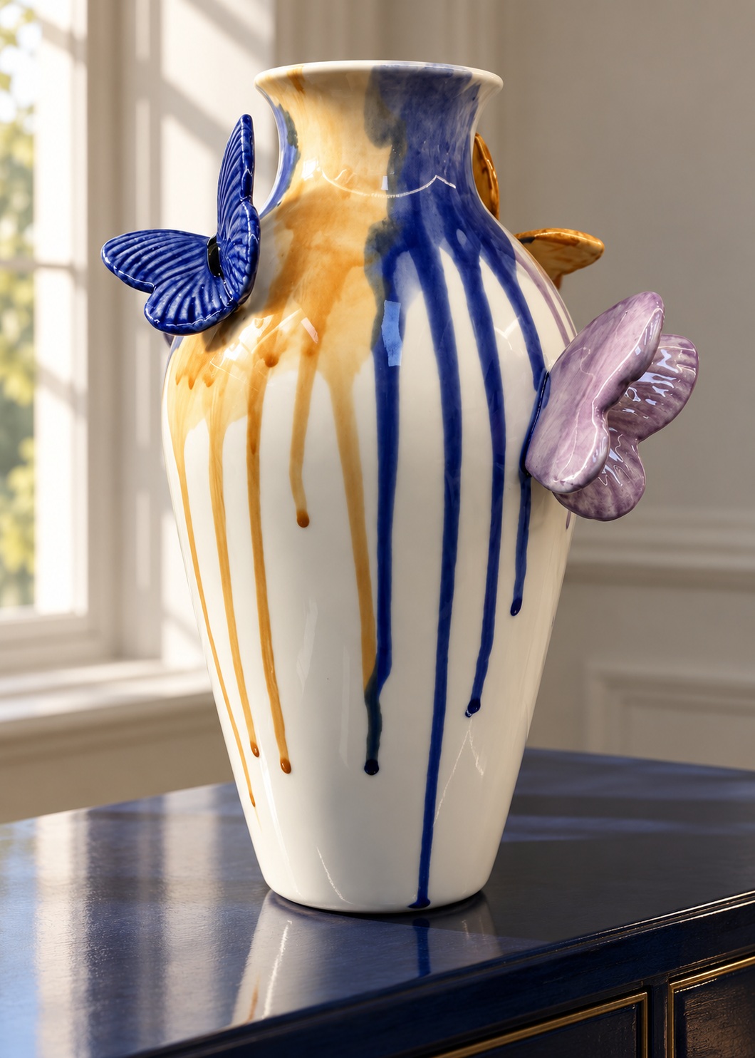 White Ceramic Vase with Cobalt and Amber Drips and Butterfly Accents 4