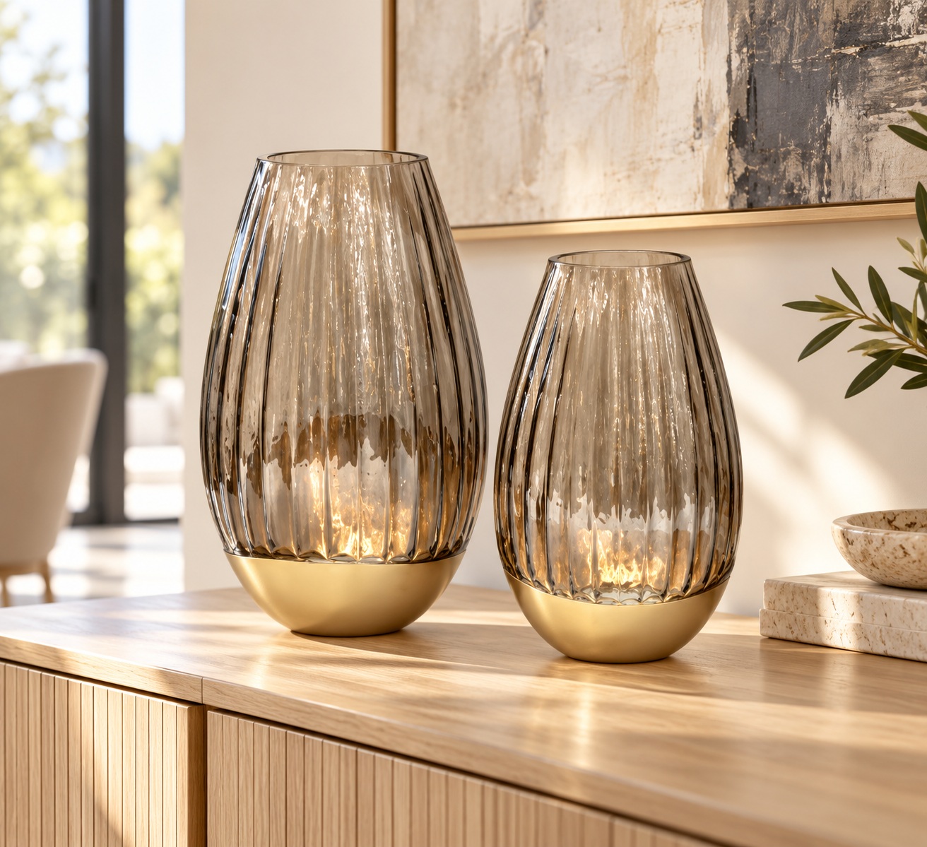 Smoky Fluted Glass Vases with Champagne Base - Small 3