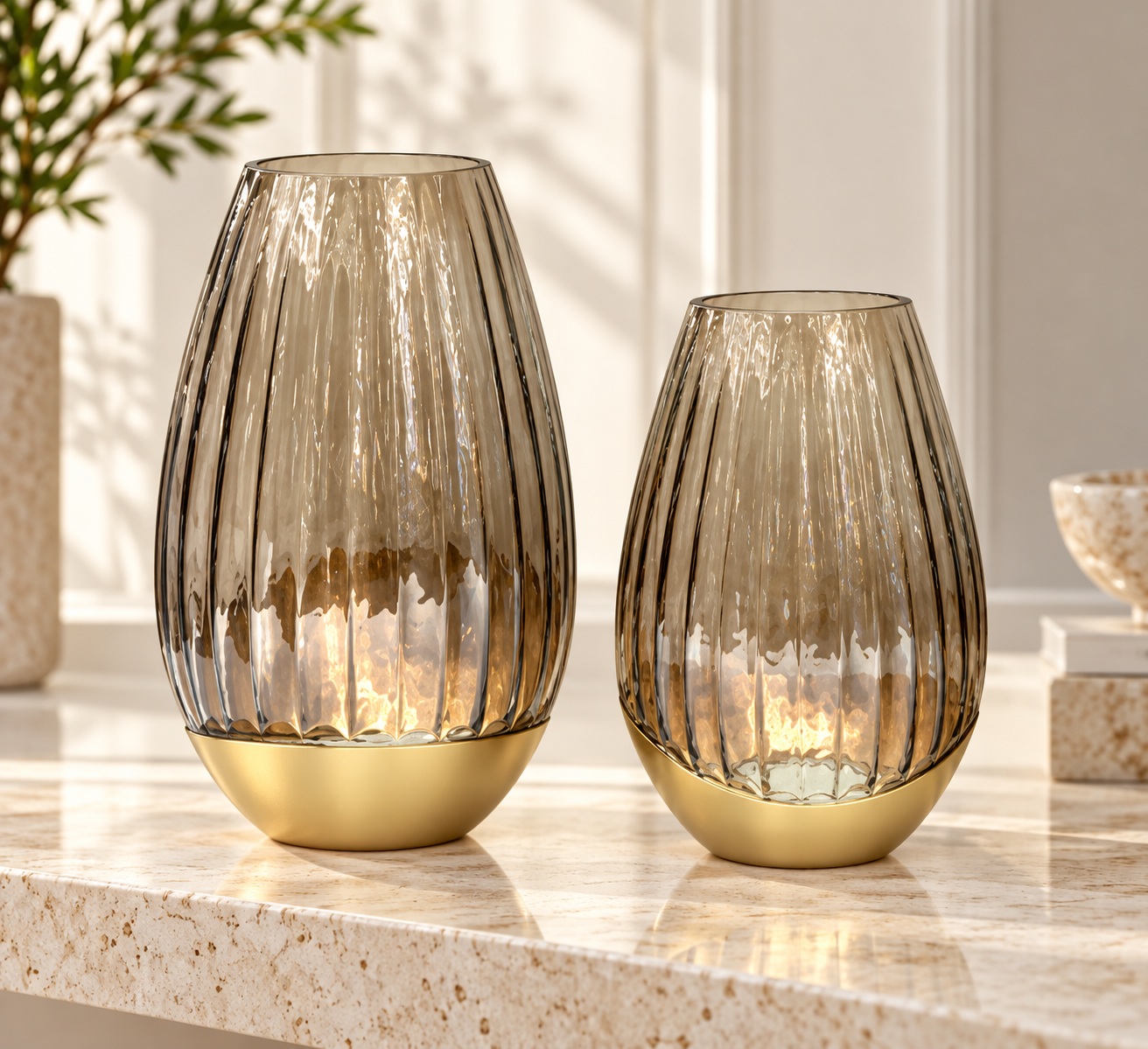 Smoky Fluted Glass Vases with Champagne Base - Small 2