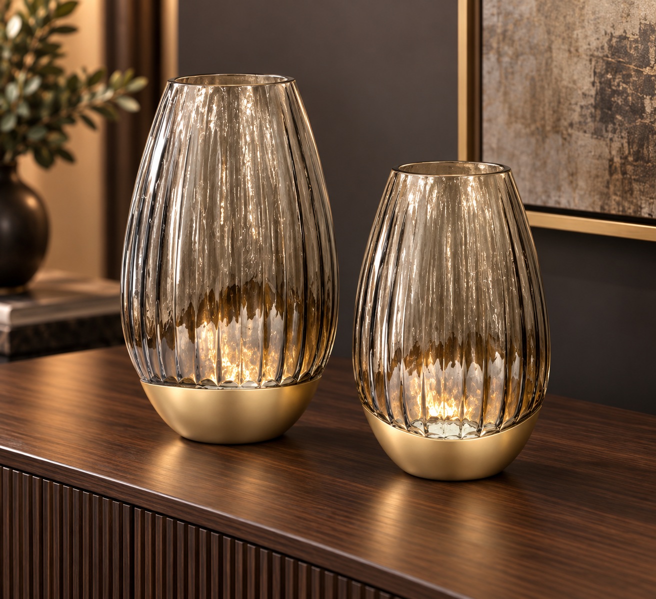 Smoky Fluted Glass Vases with Champagne Base - Large 4