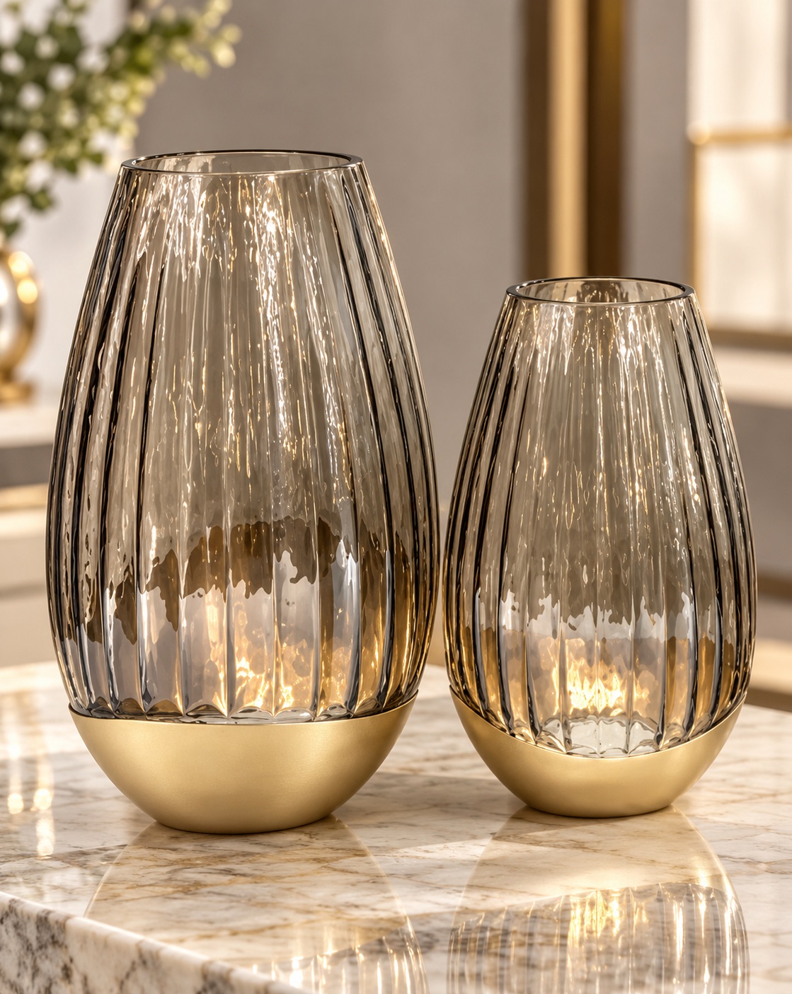 Smoky Fluted Glass Vases with Champagne Base - Large 5