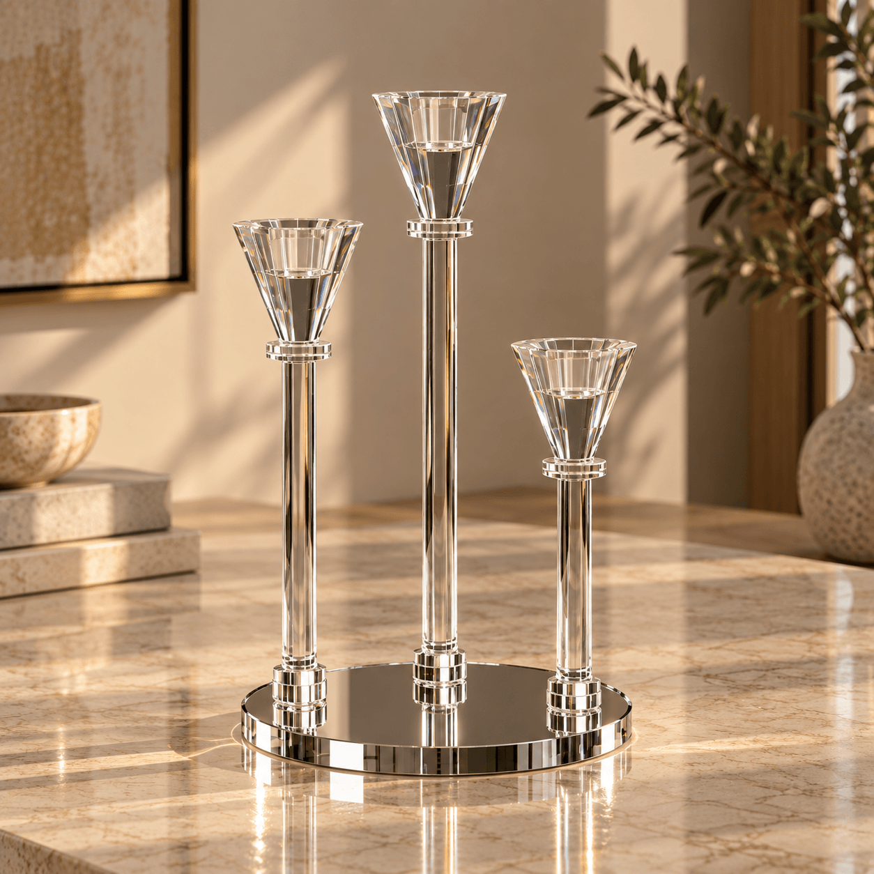 Crystal Candelabra 3-Candle, Cone Cups (7301-3)