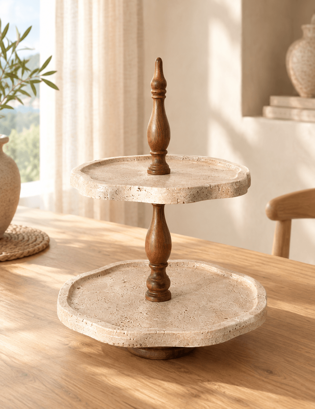 Two-Tier Travertine Cake Stand 27+21.5cm - Cream